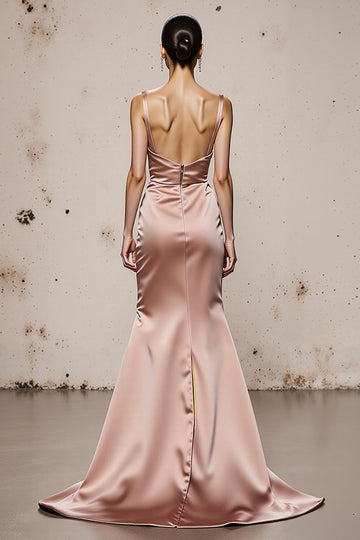Light Pink Satin Mermaid Evening Dress with Slit